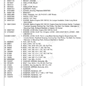 New Holland LS160 engine parts list table showing engine assembly, mounts, bolts, and washers.