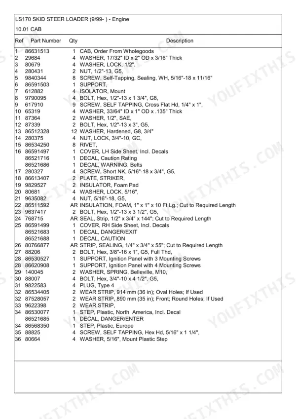 New Holland LS170 cab assembly parts diagram with mounting hardware and trim — parts catalog page 441.