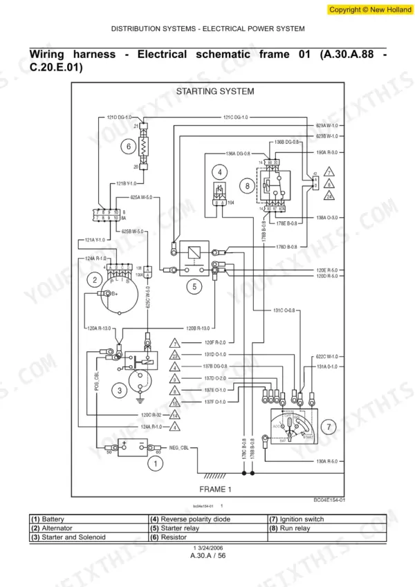 New Holland LS180.B, LS185.B, LS190.B starting system electrical schematic frame 1 showing battery, starter, and relay wiring.