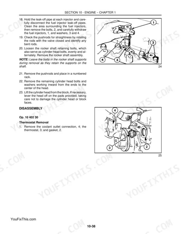 New Holland LS180, LS190 cylinder head removal and thermostat removal procedures with component diagrams.
