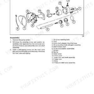 New Holland LS180, LS190 engine oil pump exploded view diagram and disassembly procedure steps.