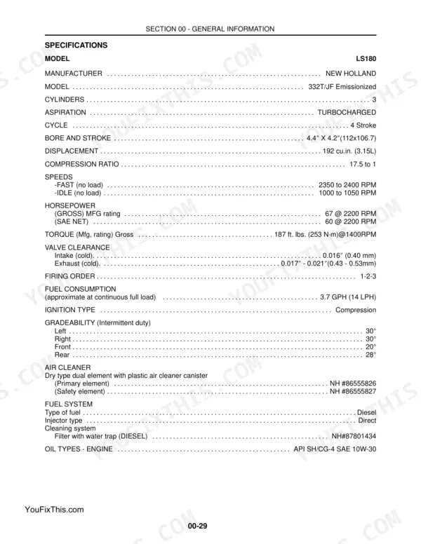 New Holland LS180, LS190 engine specifications table including bore, stroke, valve clearance, and fuel system data.