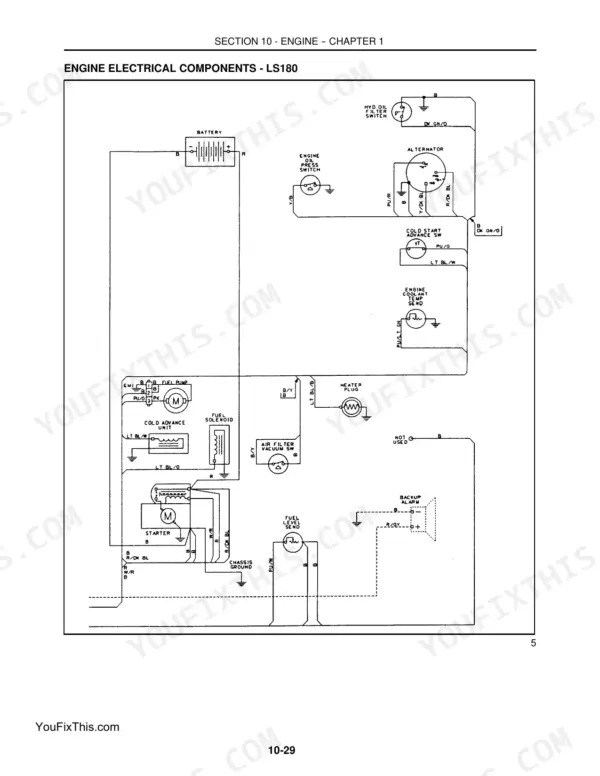 New Holland LS180, LS190 engine electrical components wiring diagram showing battery, alternator, starter, and sensors.