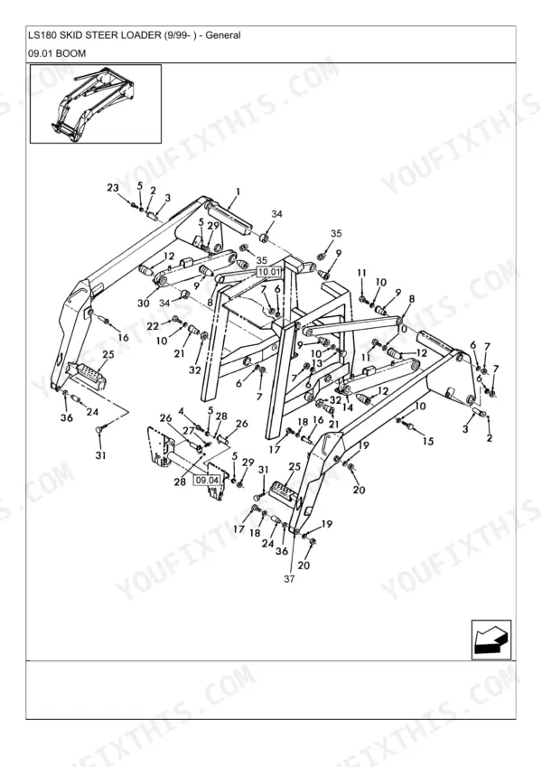 New Holland LS180 exploded view diagram of the boom assembly and mounting hardware components.