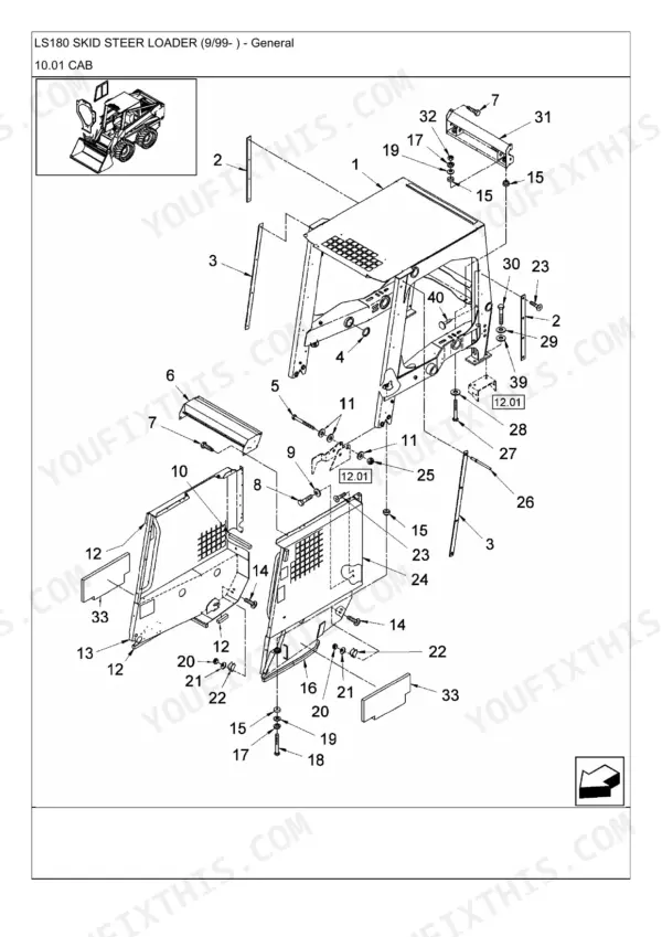 New Holland LS180 exploded view diagram of cab structure, side panels, and mounting hardware.