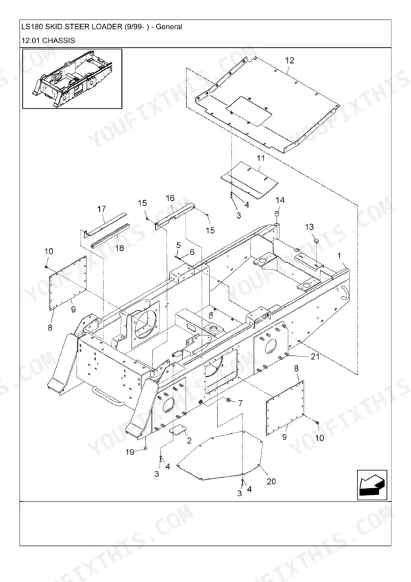 New Holland LS180 exploded view diagram of the main chassis frame and cover plates.