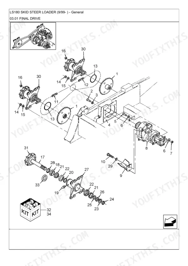 New Holland LS180 exploded view of final drive assembly, sprockets, hubs, and bearings.