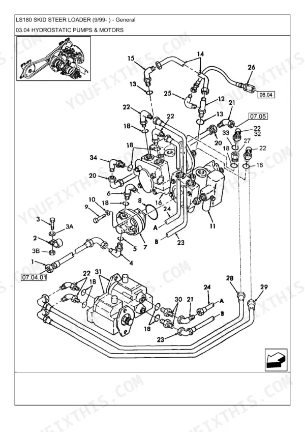 New Holland LS180 exploded view diagram of hydrostatic pump and motor hydraulic lines.