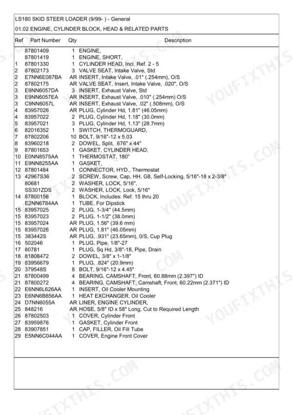 New Holland LS180 parts list for engine cylinder block, head, and related components.