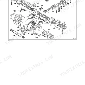 New Holland LW 50 exploded view diagram of the axle drive assembly showing differential gears, housing, and shafts.