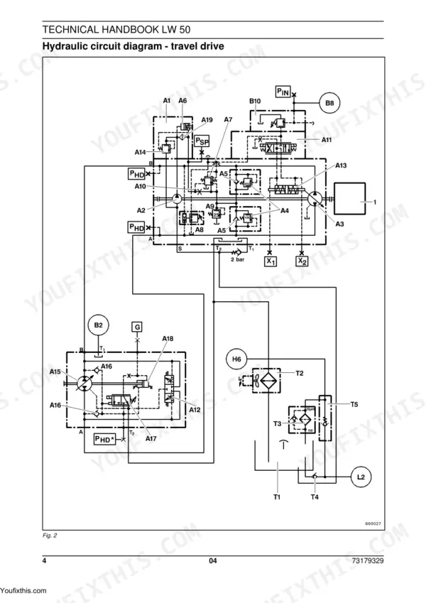 New Holland LW 50 technical manual hydraulic circuit diagram for the travel drive system showing pumps and valves.