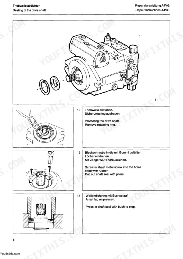 New Holland LW 50 repair manual: procedures for sealing the A4VG drive shaft, including retaining ring and seal removal.