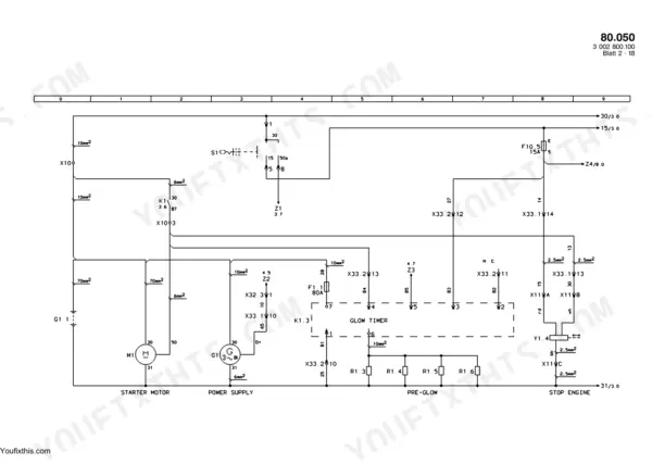 New Holland LW 50 wiring diagram showing starter motor, power supply, glow timer, pre-glow resistors, and stop engine solenoid.
