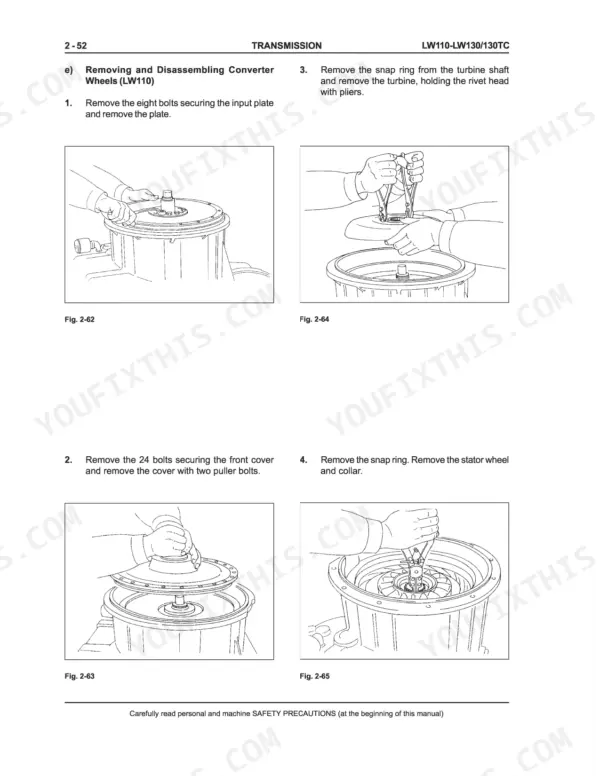 New Holland LW110, LW130, LW130TC transmission converter wheel disassembly procedure diagrams and steps.