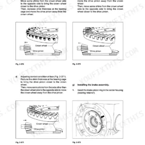 New Holland LW110, LW130, LW130TC transmission crown wheel and drive pinion contact adjustment and brake assembly procedures.