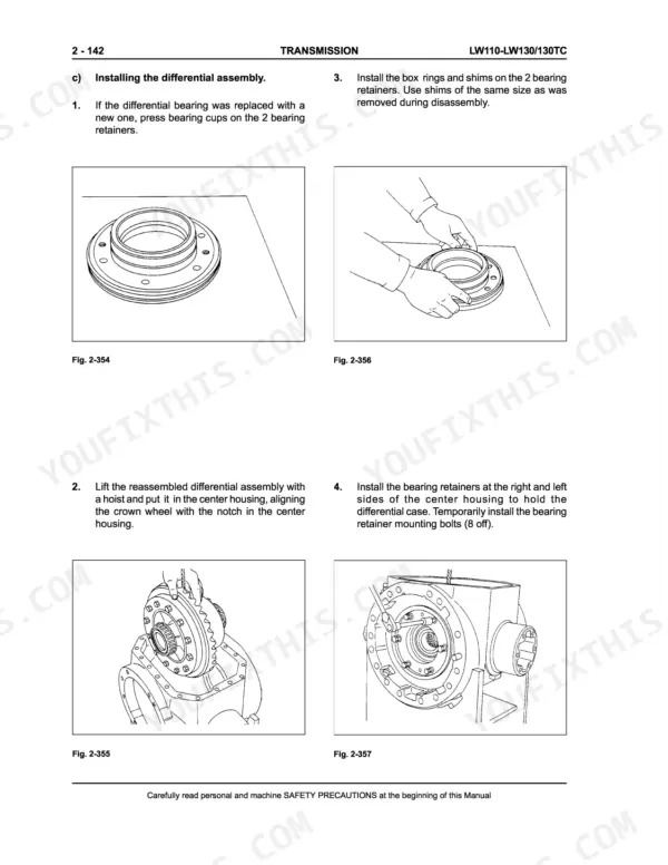 New Holland LW110, LW130, LW130TC transmission differential assembly installation procedure and diagrams.
