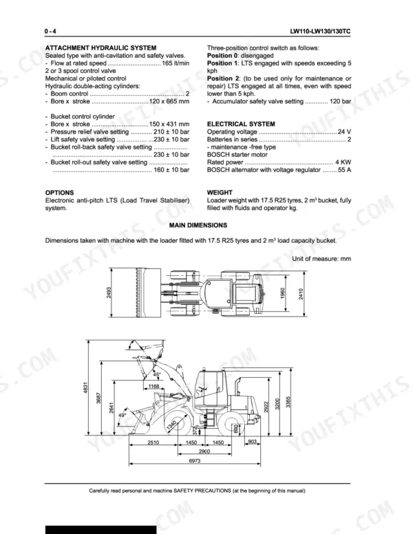 New Holland LW110, LW130, LW130TC hydraulic, electrical specs, and main dimension diagram with machine measurements.