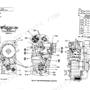 New Holland LW90 Wheel Loader transmission assembly diagram, torque specs, and solenoid excitement table.