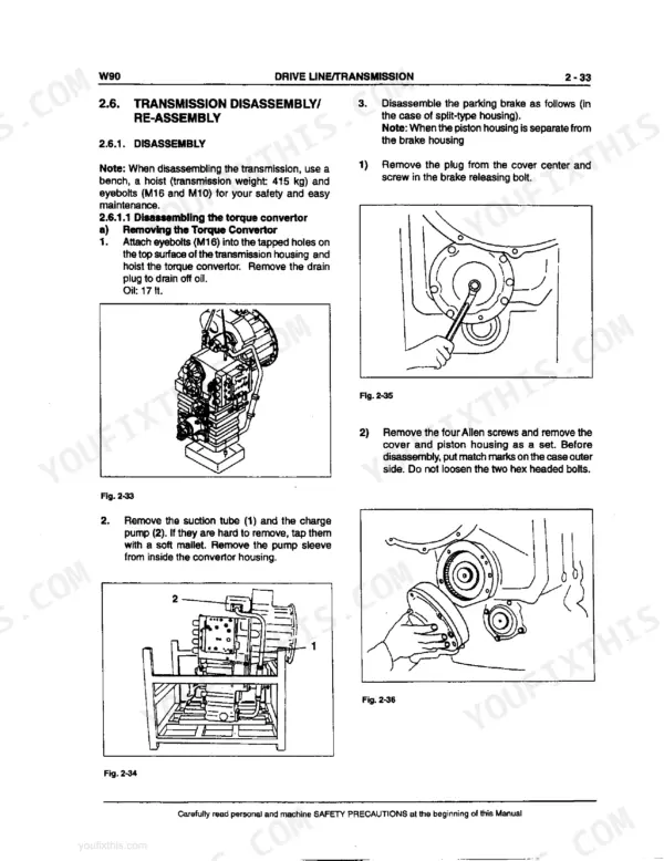 New Holland LW90 Wheel Loader transmission disassembly procedure, torque convertor removal, and parking brake steps.