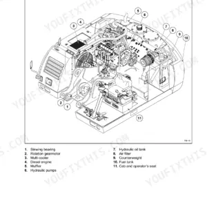 New Holland MH City, MH Plus, MH 5.6 upper structure main components diagram with numbered parts list.