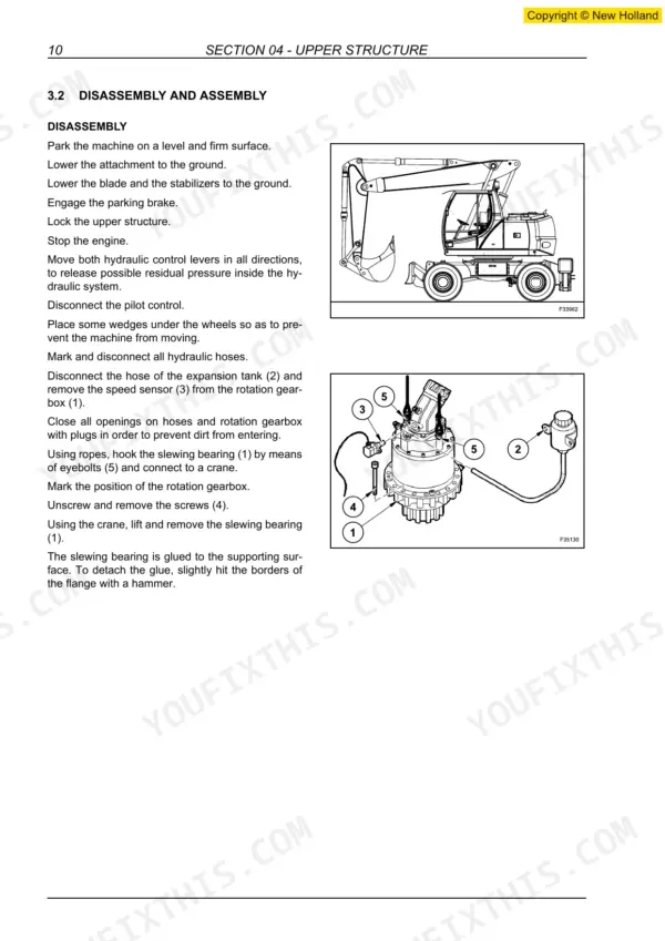 New Holland MH City, MH Plus, MH 5.6 slewing bearing disassembly procedure and rotation gearbox component diagram.