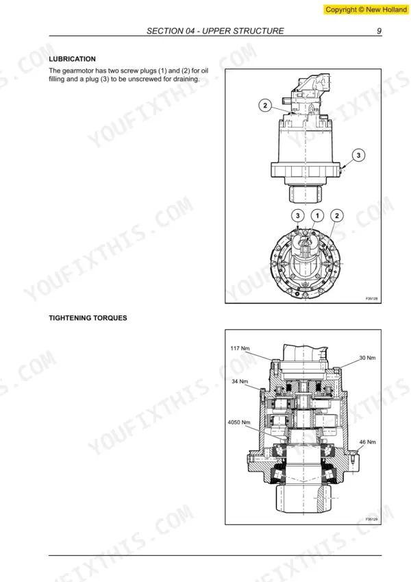 New Holland MH City, MH Plus, MH 5.6 gearmotor lubrication points and tightening torque specifications diagram.