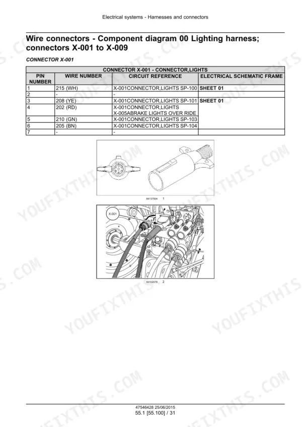 New Holland Roll-Belt™ 450 Utility lighting harness connector X-001 pinout table and component location diagrams.