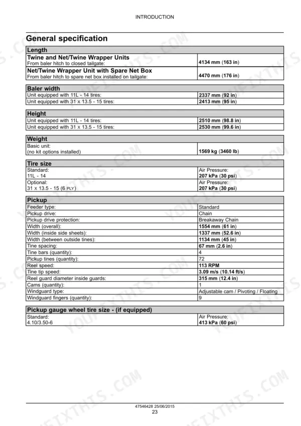 New Holland Roll-Belt™ 450 Utility general specifications table for dimensions, weight, tire pressure, and pickup components.