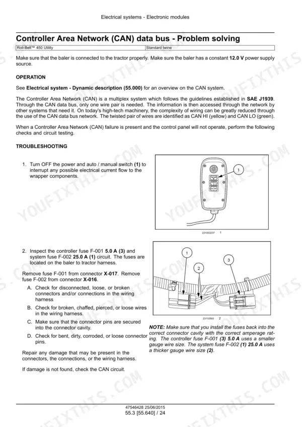 New Holland Roll-Belt™ 450 Utility CAN data bus troubleshooting guide, fuse inspection procedures, and wiring harness diagrams.