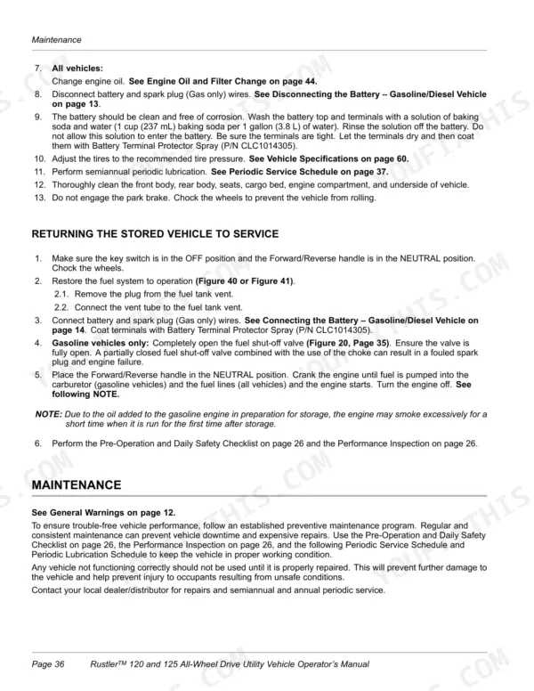 New Holland Rustler 120, Rustler 125 maintenance procedures for vehicle storage and returning to service.