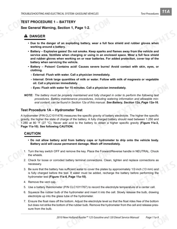 New Holland Rustler 125 Gasoline, 120 Diesel battery test procedures, safety warnings, and hydrometer testing instructions.