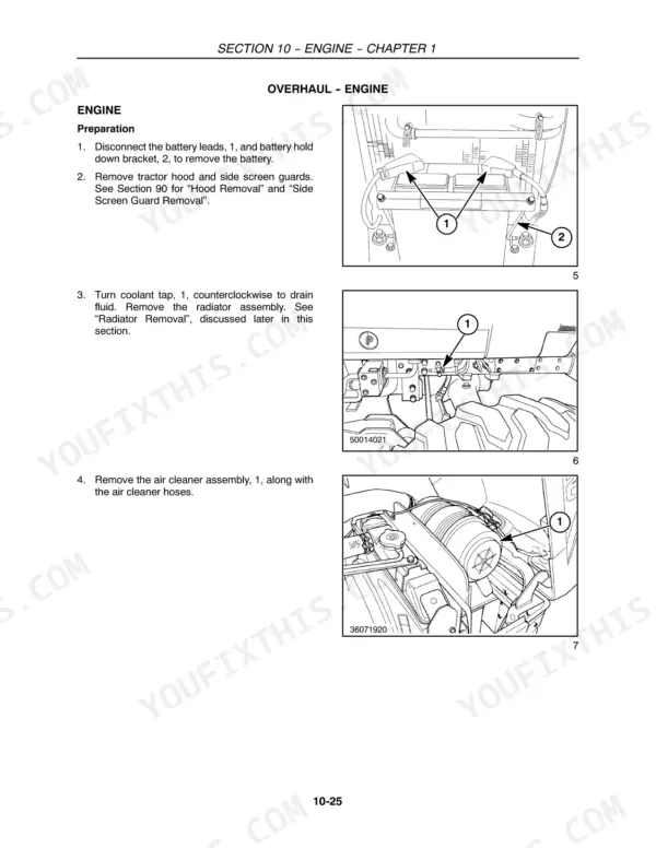 New Holland T1510, T1520 engine overhaul preparation procedures for battery, coolant tap, and air cleaner removal.
