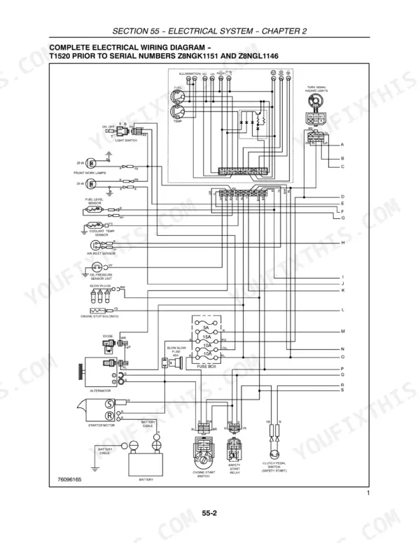 New Holland T1510, T1520 complete electrical wiring diagram for T1520 models prior to serial numbers Z8NGK1151 and Z8NGL1146.