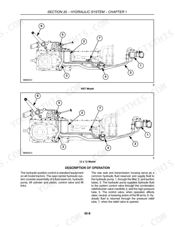 New Holland T1530 hydraulic system diagram for HST and 12x12 models showing pump, filter, and control valve components.