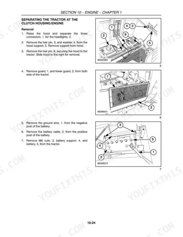 New Holland T1530 procedure for separating engine and clutch housing, showing hood, radiator guard, and battery removal.