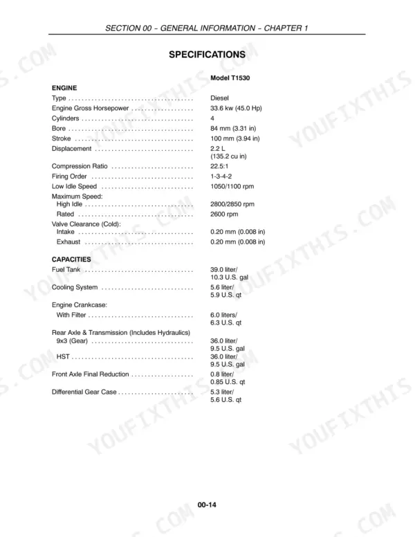 New Holland T1530 engine specifications and fluid capacity table including bore, stroke, firing order, and axle volumes.