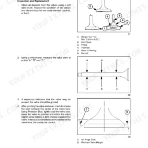 New Holland T2210, T2220, BOOMER 2030, BOOMER 2035 engine valve inspection, measurement, and seat angle procedures.