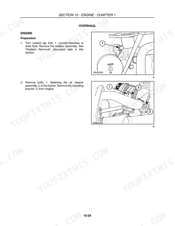 New Holland T2210, T2220, BOOMER 2030, BOOMER 2035 engine overhaul procedures for coolant drain and air cleaner removal.