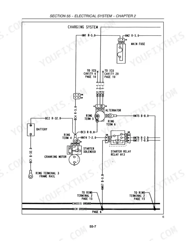 New Holland T2210, T2220, BOOMER 2030, BOOMER 2035 charging system wiring diagram showing battery, alternator, and starter.
