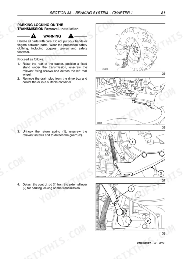 New Holland T4020V-T4060N service manual: parking locking on the transmission removal and installation procedure steps.