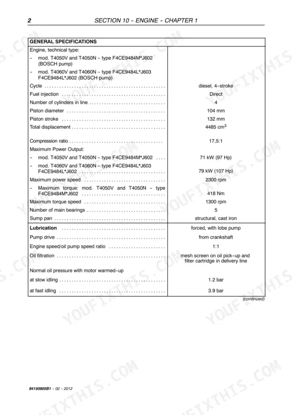 New Holland T4020V, T4030V, T4040V, T4050V, T4060V, T4030N, T4040N, T4050N, T4060N engine specifications and lubrication table.