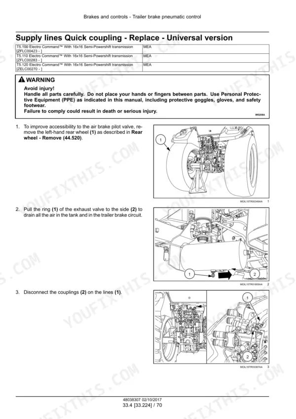 New Holland T5.100 Electro Command service manual - Brakes and Controls, Supply lines Quick coupling - Replace - Universal version
