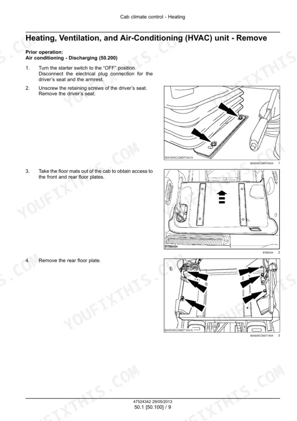 New Holland T7.220 repair manual - Cab Climate Control, Heating, Ventilation, and Air-Conditioning (HVAC) unit - Remove