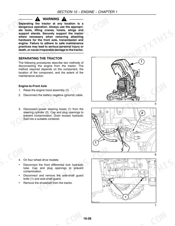 New Holland TB100, TB110, TB120, TB120 Mudder: Procedures for separating the tractor engine from the front axle.