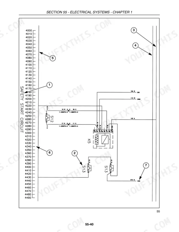 New Holland TB100, TB110, TB120, TB120 Mudder safety start circuit wiring diagram with relay K5 and switches S12, S13.
