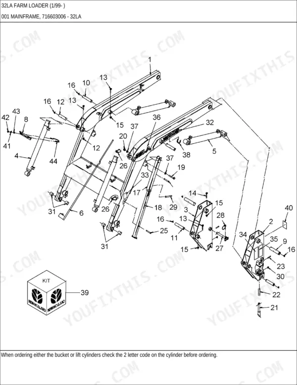 New Holland TB110, 32LA, 33LA, 46LB, 52LA, 7210, 7310, 7312, 7314, 7511, TB110 4 CYL AG exploded view of 32LA loader mainframe.