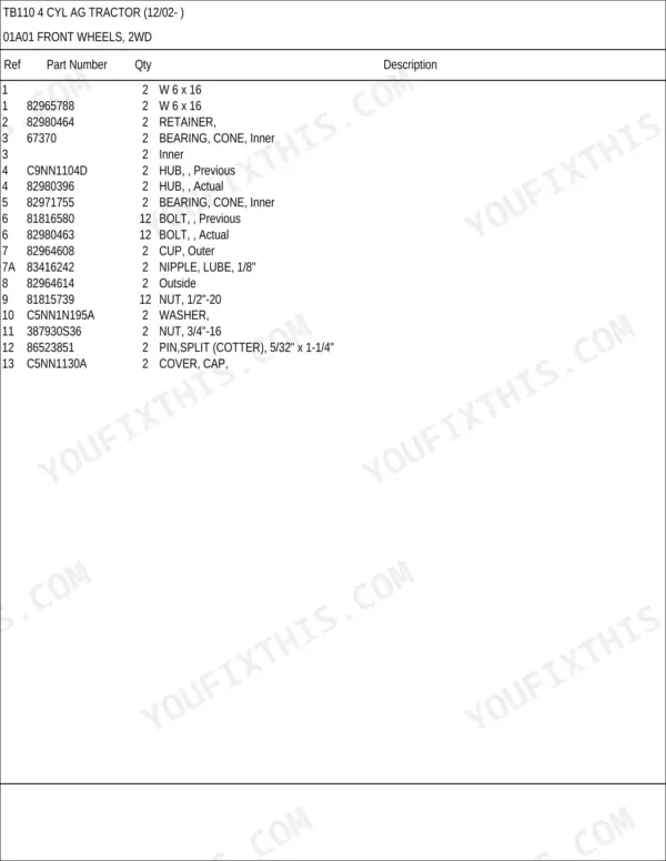 New Holland TB110, 32LA, 33LA, 46LB, 52LA, 7210, 7310, 7312, 7314, 7511, TB110 4 CYL AG parts list for 2WD front wheels.
