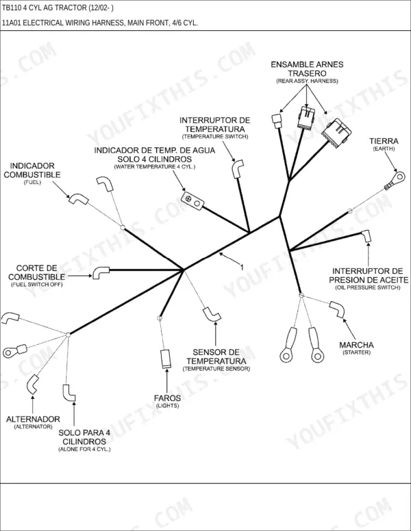 New Holland TB110, 32LA, 33LA, 46LB, 52LA, 7210, 7310, 7312, 7314, 7511, TB110 4 CYL AG main front electrical wiring harness.