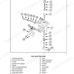 New Holland TC18, TC21D, TC24D exploded view diagram of the fuel injection pump components and parts list.