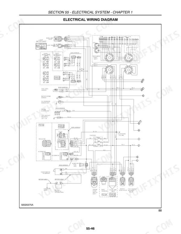 New Holland TC18, TC21D, TC24D electrical wiring diagram showing instrument panel, fuse box, and starter motor circuits.